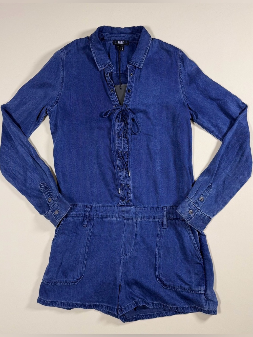 NWT PAIGE Blue Denim Arley Lace Up Long Sleeve Romper Size S - Picture 2 of 11